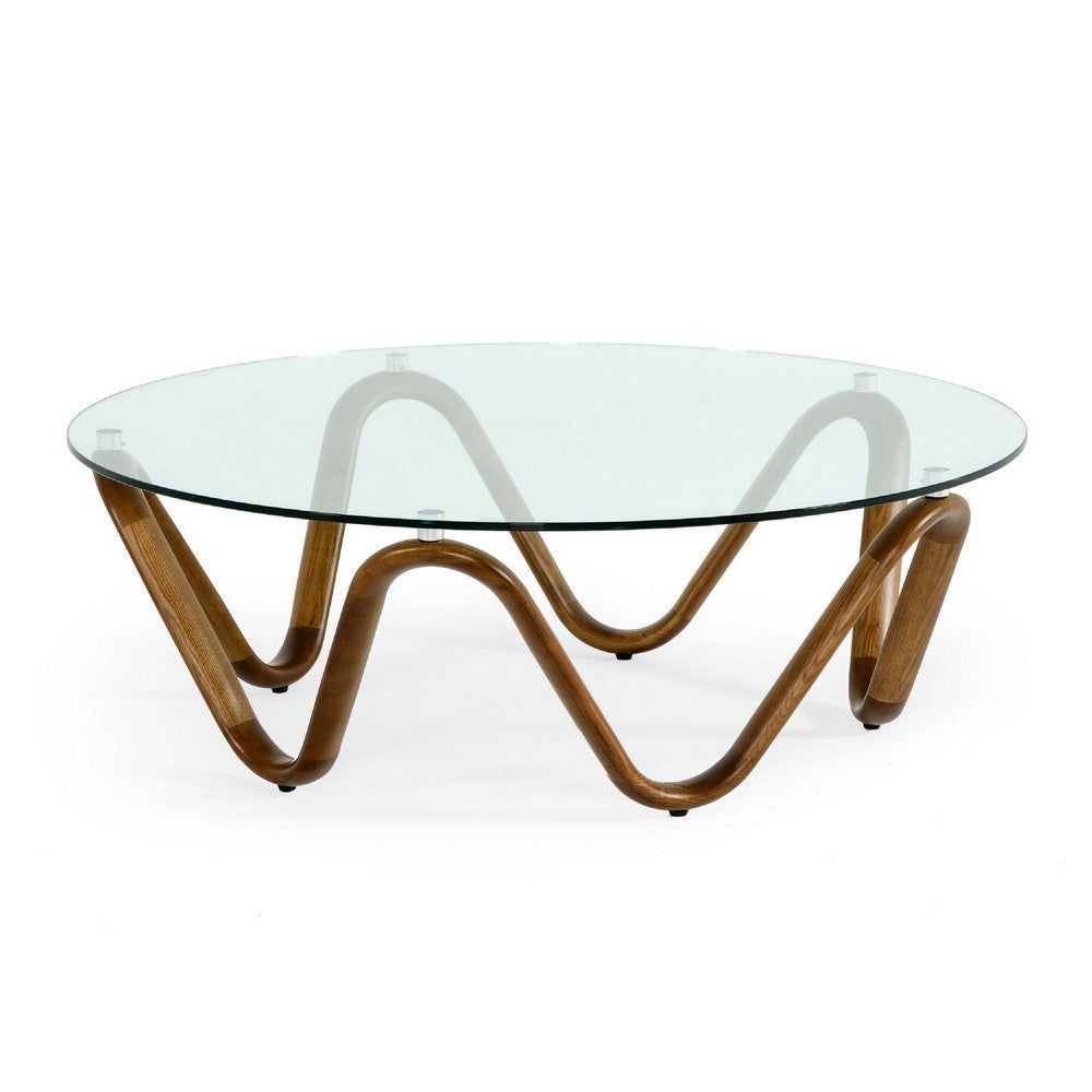 Cid Lasp Coffee Table | 45’’ | Round Glass Top | Brown Wave Design Base BM338327