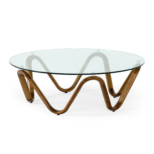 Cid Lasp Coffee Table | 45" | Round Glass Top | Brown Wave Design Base