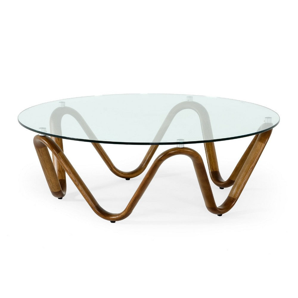 Cid Lasp Coffee Table | 45" | Round Glass Top | Brown Wave Design Base