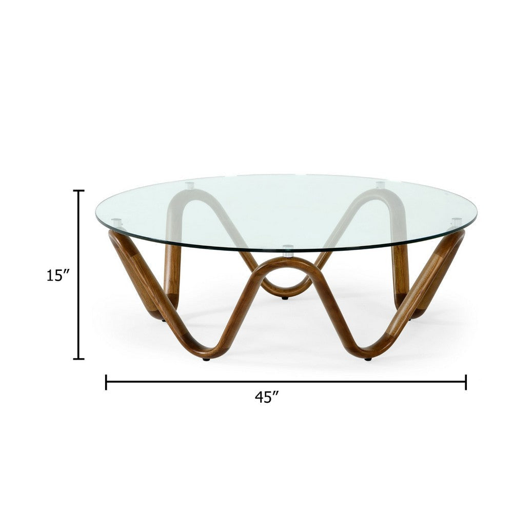 Cid Lasp Coffee Table | 45’’ | Round Glass Top | Brown Wave Design Base BM338327