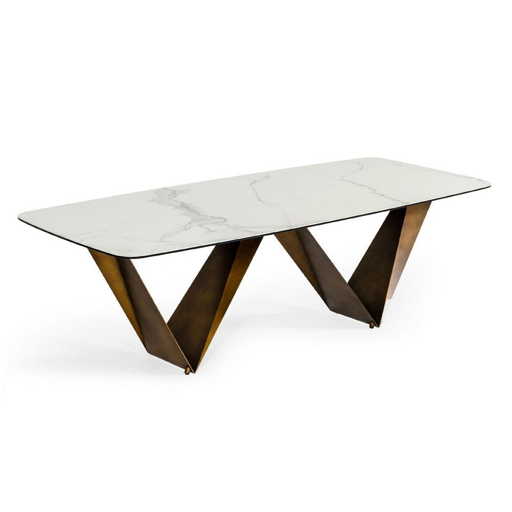Cid Melu Dining Table | 98" White Ceramic Top | Brushed Brown Metal Base