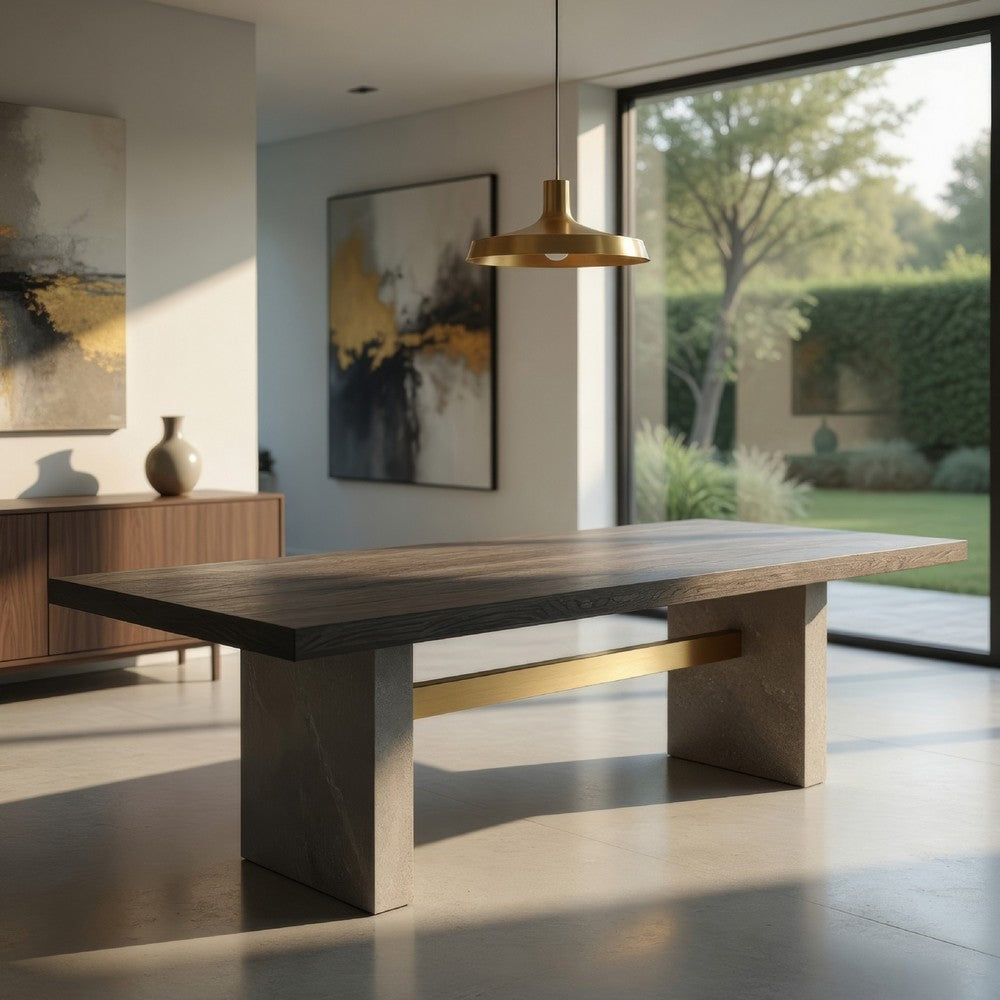 Cid Coe Dining Table | 94" Brown Walnut Top | Gray Concrete Pedestal Base