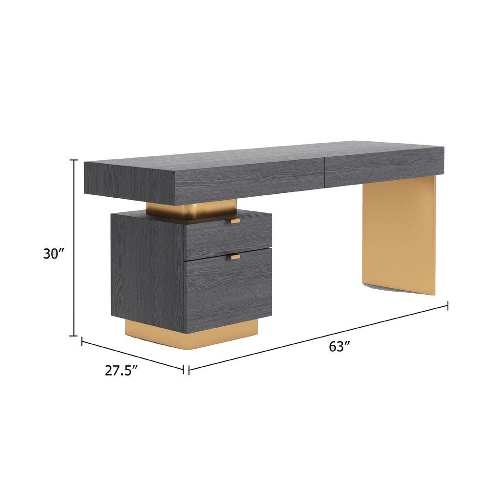 Executive Office Desk | Gray Elm Veneer | Gold Stainless Steel | 63’’ BM338341