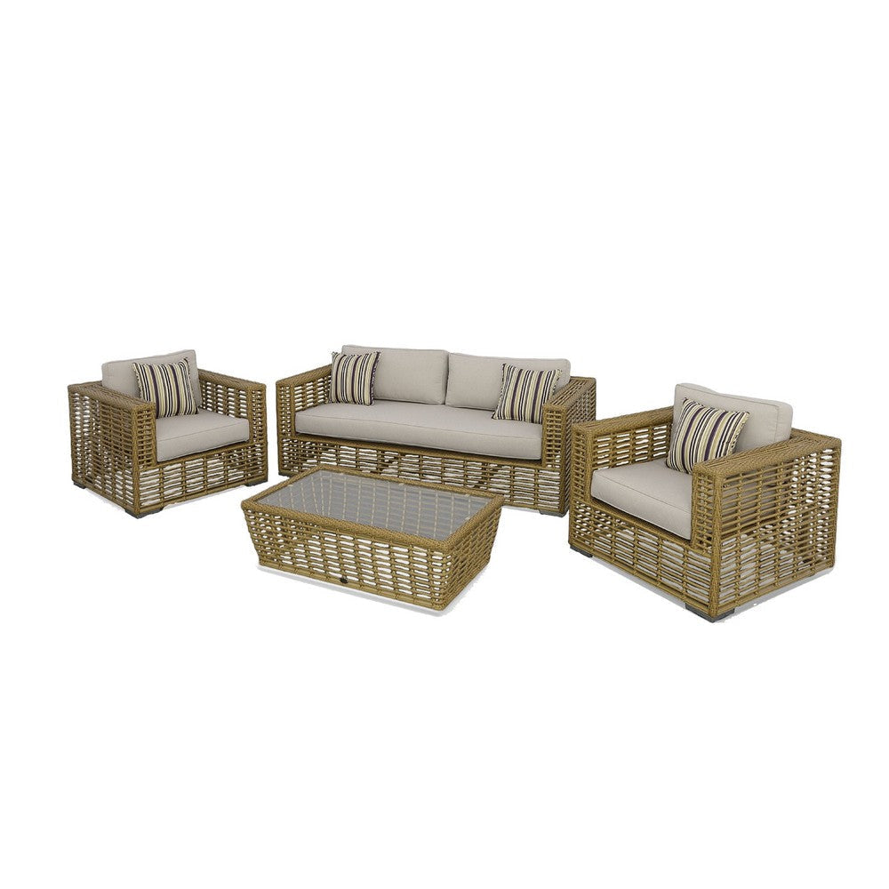 Toya 4pc Outdoor Sofa Set | Brown Rattan Frame | White Cushioned Seats BM338342