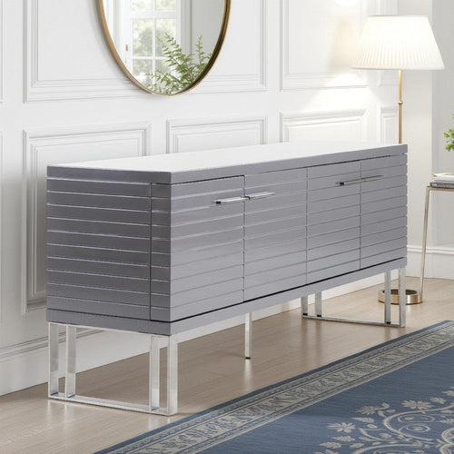 Cid Resu Sideboard Buffet Cabinet | 4 Doors w Slatted Design | 79" | Glossy Gray