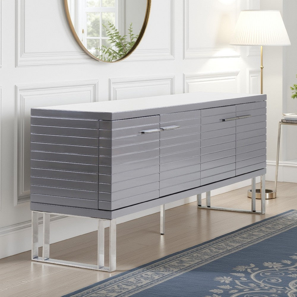 Cid Resu Sideboard Buffet Cabinet | 4 Doors w Slatted Design | 79" | Glossy Gray