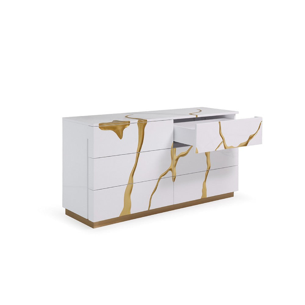 Cid Exie Dresser | Modern Glossy White with Gold Inlaid Accents | 66’’ BM338349