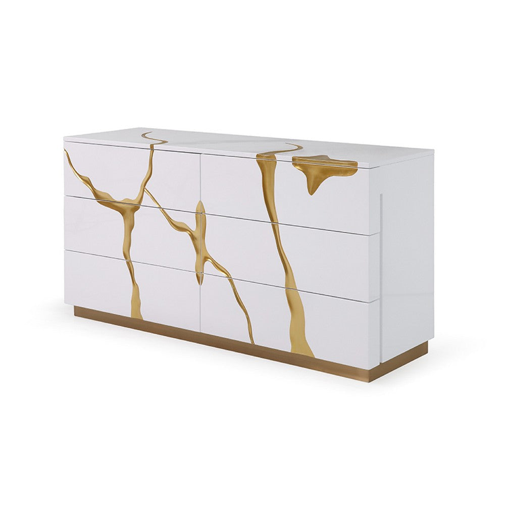 Cid Exie Dresser | Modern Glossy White with Gold Inlaid Accents | 66’’ BM338349