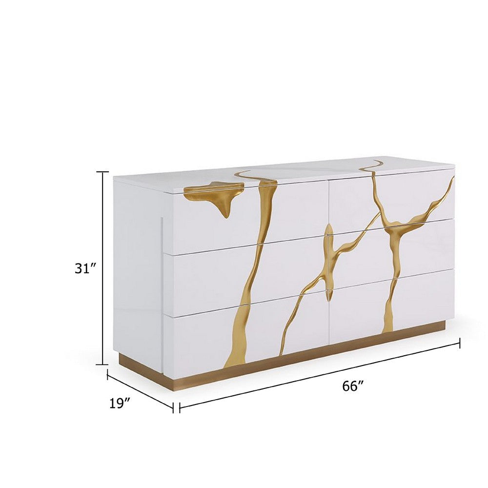 Cid Exie Dresser | Modern Glossy White with Gold Inlaid Accents | 66’’ BM338349