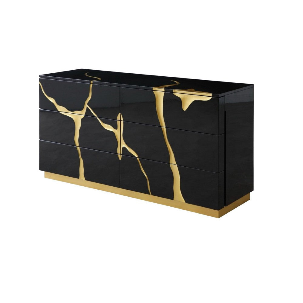 Cid Exie Dresser | Modern Glossy Black with Gold Inlaid Accents | 66’’ BM338350