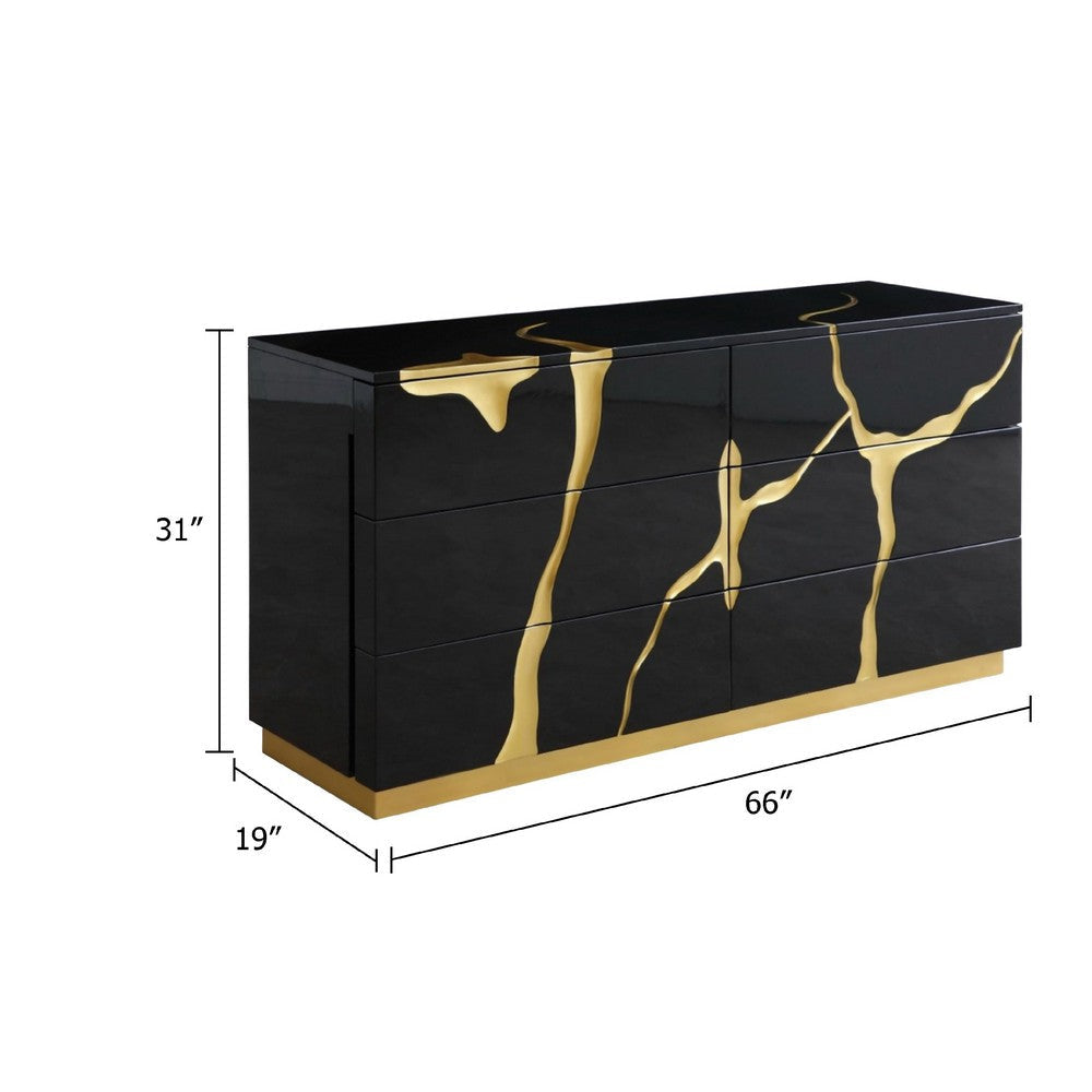 Cid Exie Dresser | Modern Glossy Black with Gold Inlaid Accents | 66’’ BM338350