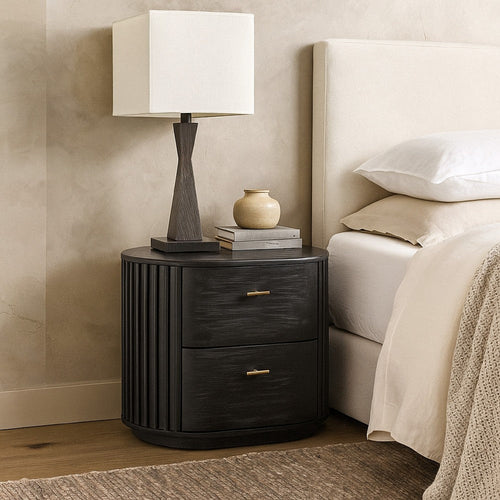 Fely Nightstand | 2 Drawers | Gold Metal Handles | Black Acacia Veneer BM338356