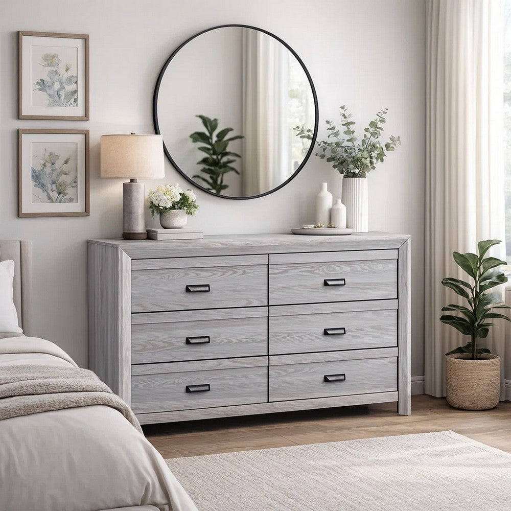Laide Wide Dresser with 6 Drawers | Cup Handles | Gray Driftwood Veneer