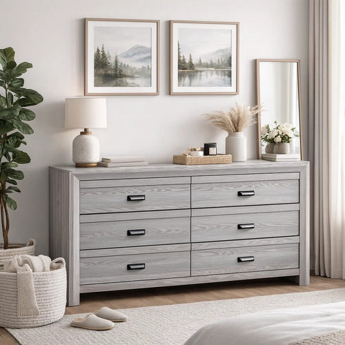 Laide Wide Dresser with 6 Drawers | Cup Handles | Gray Driftwood Veneer