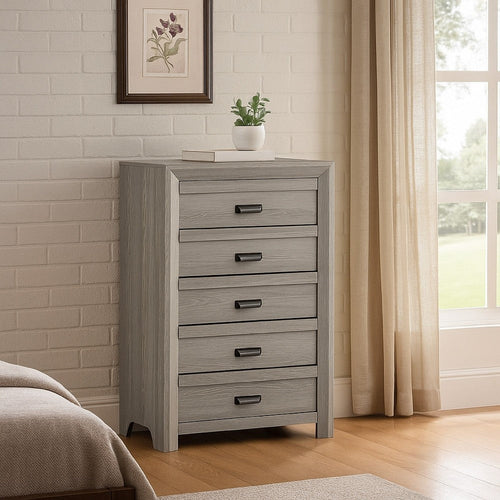 Laide Tall Dresser Chest with 5 Drawers | Cup Handles | Gray Driftwood Veneer BM338360
