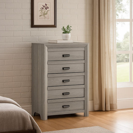 Laide Tall Dresser Chest with 5 Drawers | Cup Handles | Gray Driftwood Veneer BM338360