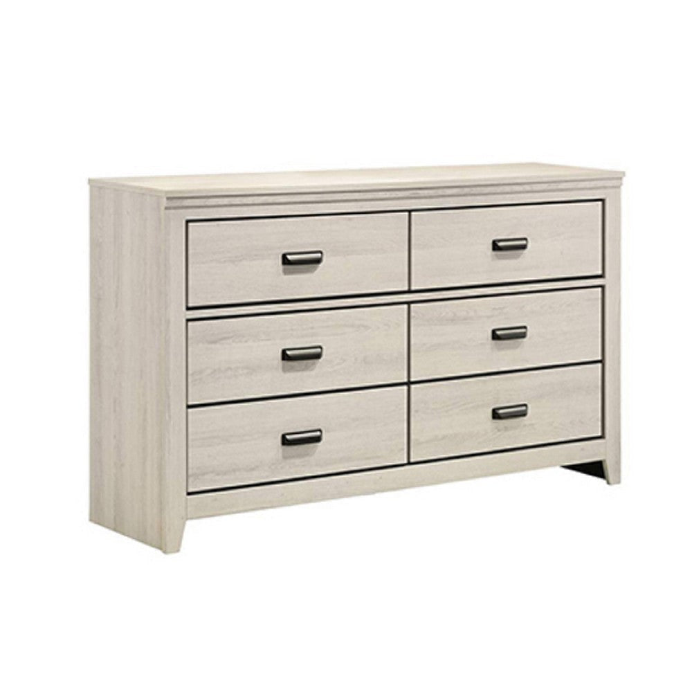 Lei Bedroom Wide Dresser Chest with 6 Drawers | Distressed White Wood