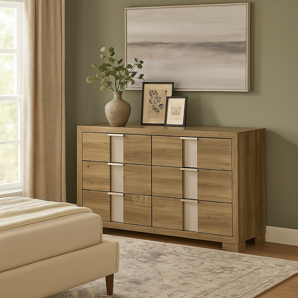Amey Wide Dresser with 6 Drawers | White Trim | Driftwood Brown Finish