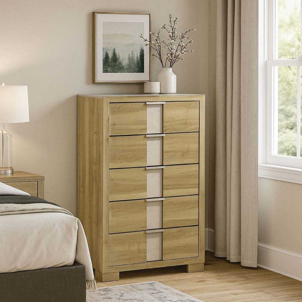 Amey Tall Dresser Chest with 5 Drawers | White Trim & Driftwood Brown Finish