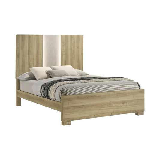 Amey King Panel Bed w Built In Light | White Trim | Brown Driftwood