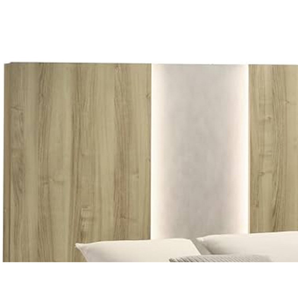 Amey King Panel Bed w Built In Light | White Trim | Brown Driftwood