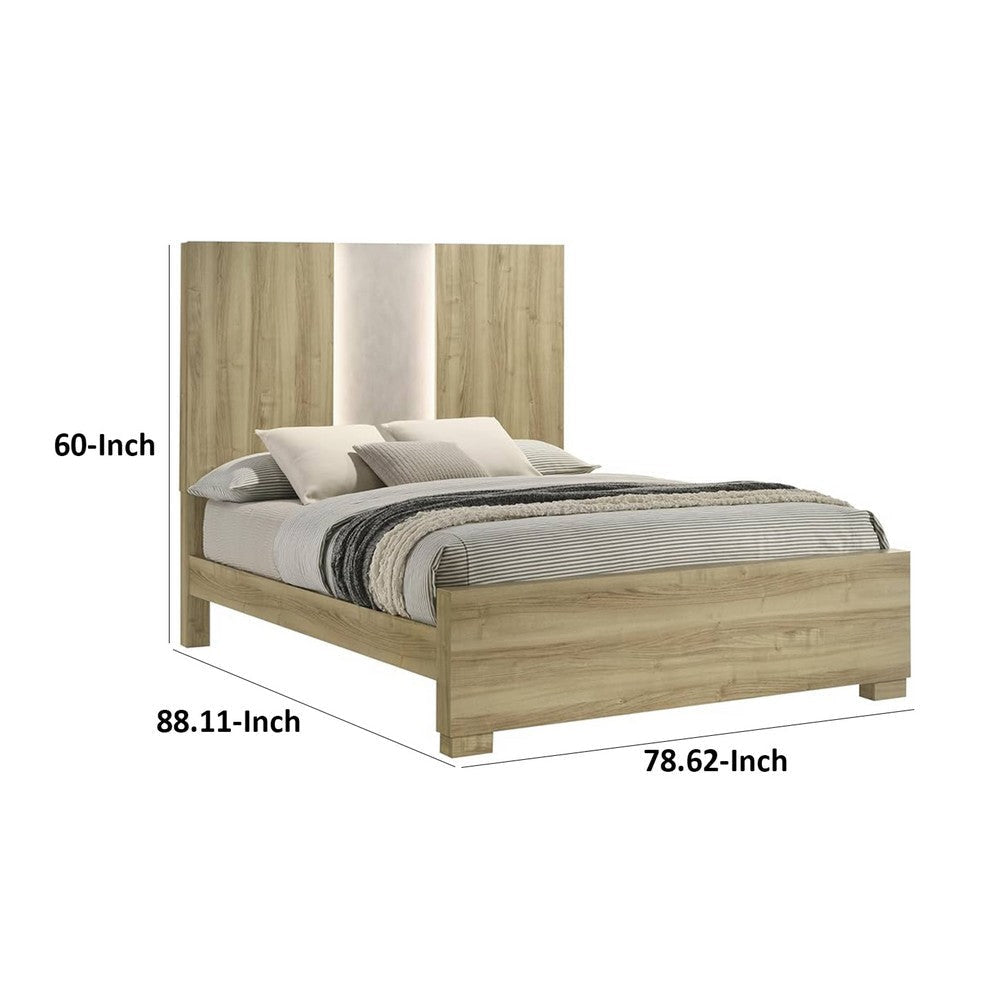 Amey King Panel Bed w Built In Light | White Trim | Brown Driftwood