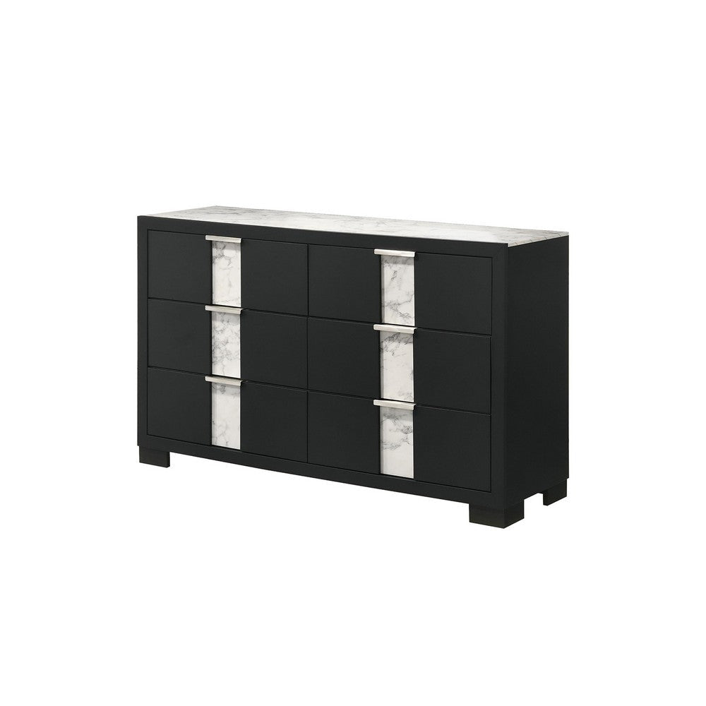 Amey Wide 6 Drawer Dresser | White Marble Trim | Black Wood BM338382