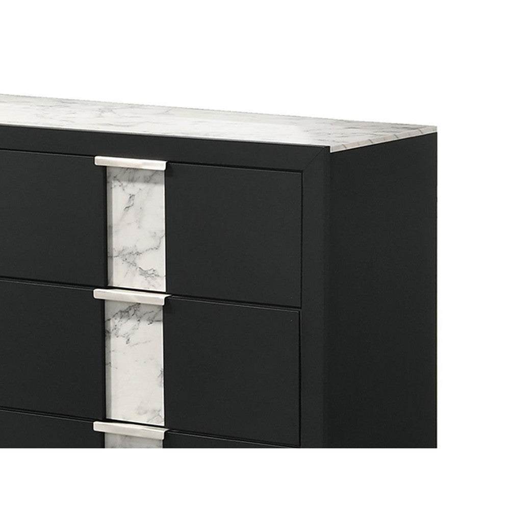 Amey Wide 6 Drawer Dresser | White Marble Trim | Black Wood BM338382