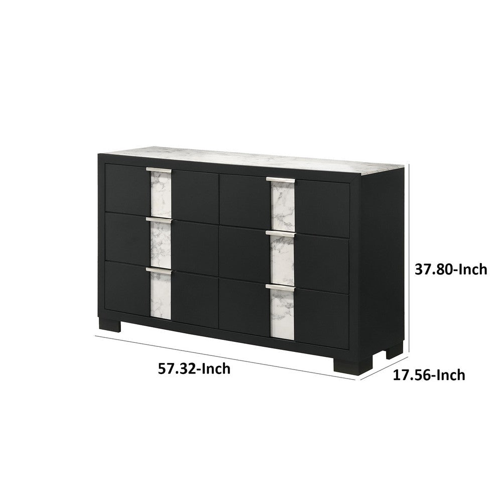 Amey Wide 6 Drawer Dresser | White Marble Trim | Black Wood BM338382