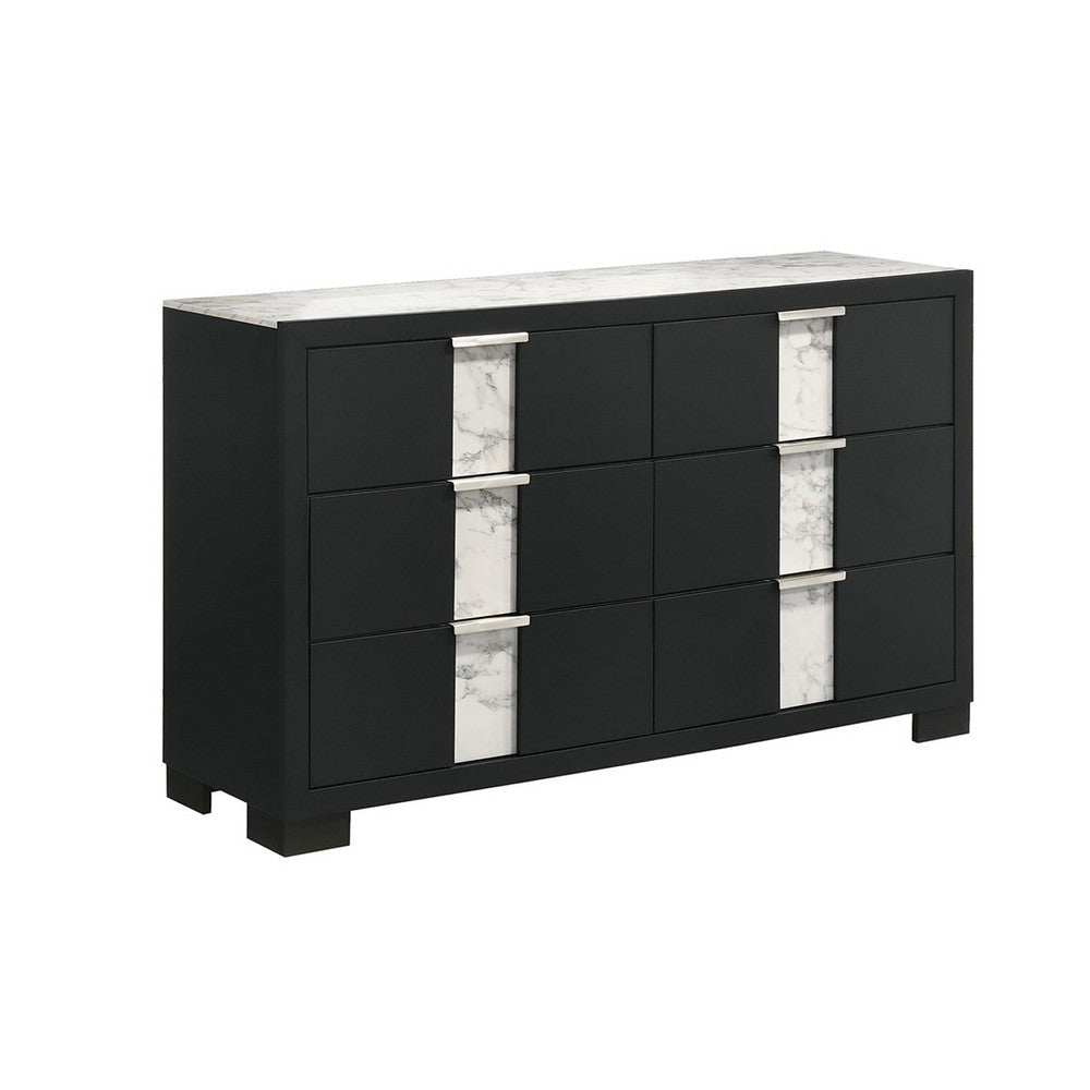 Amey Wide 6 Drawer Dresser | White Marble Trim | Black Wood BM338382