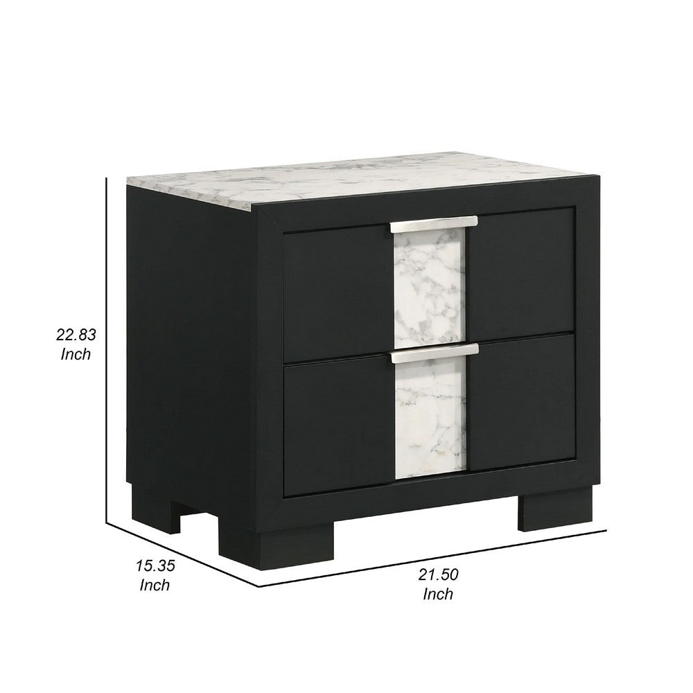 Amey 2 Drawer Nightstand | White Marble Trim | Black Wood BM338383