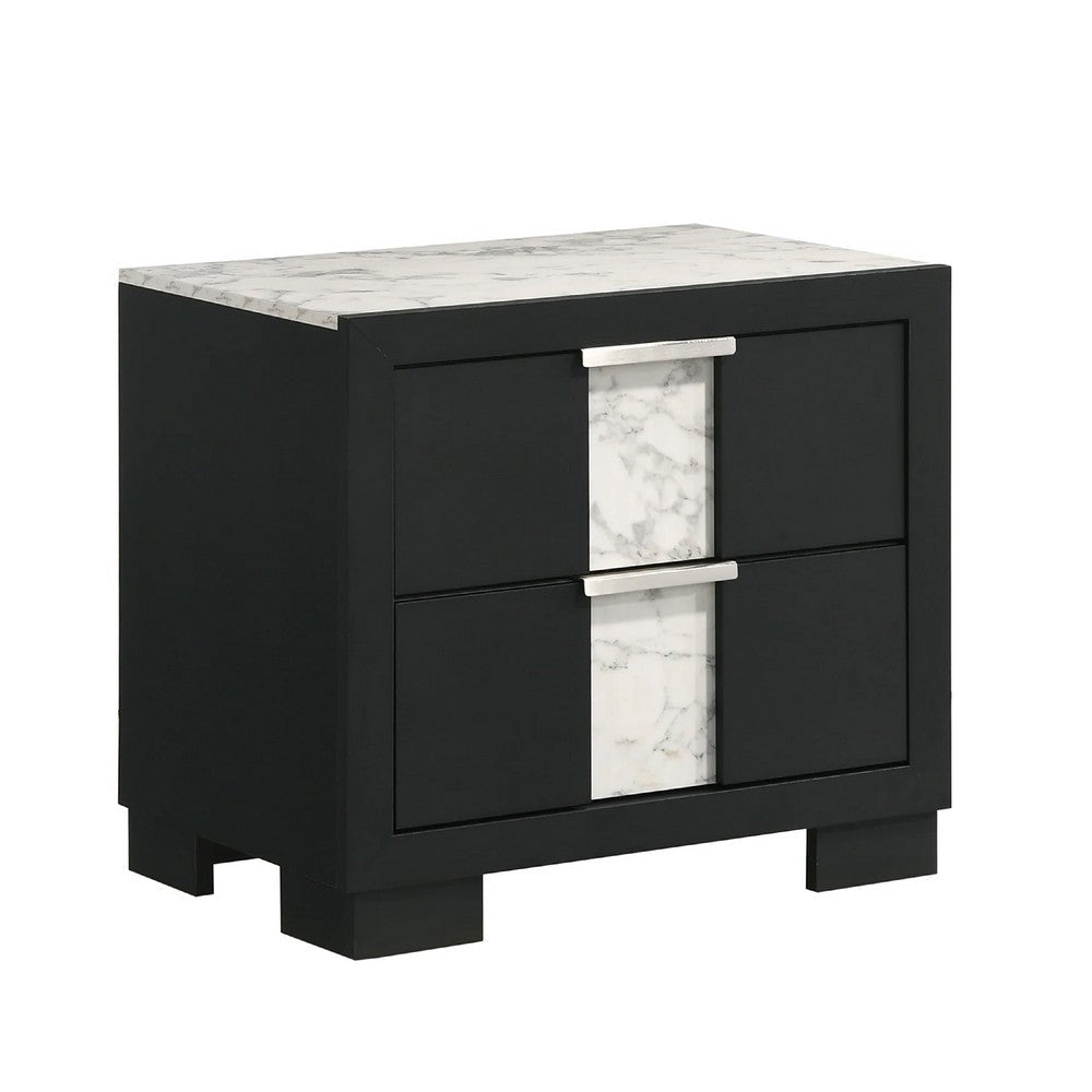 Amey 2 Drawer Nightstand | White Marble Trim | Black Wood BM338383