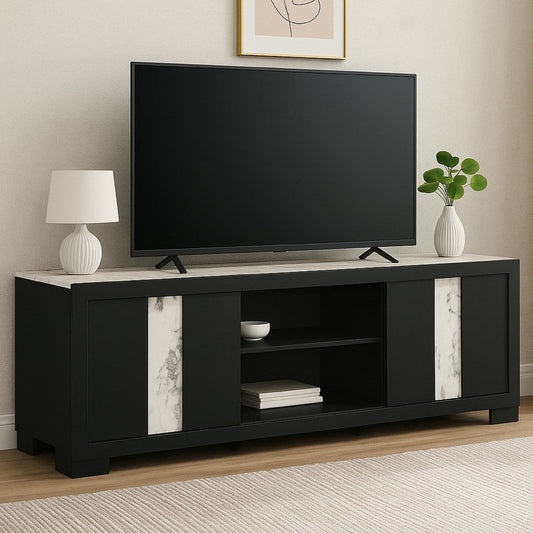 Amey TV Stand Media Cabinet | 2 Sliding Doors & 2 Shelves | Black Wood