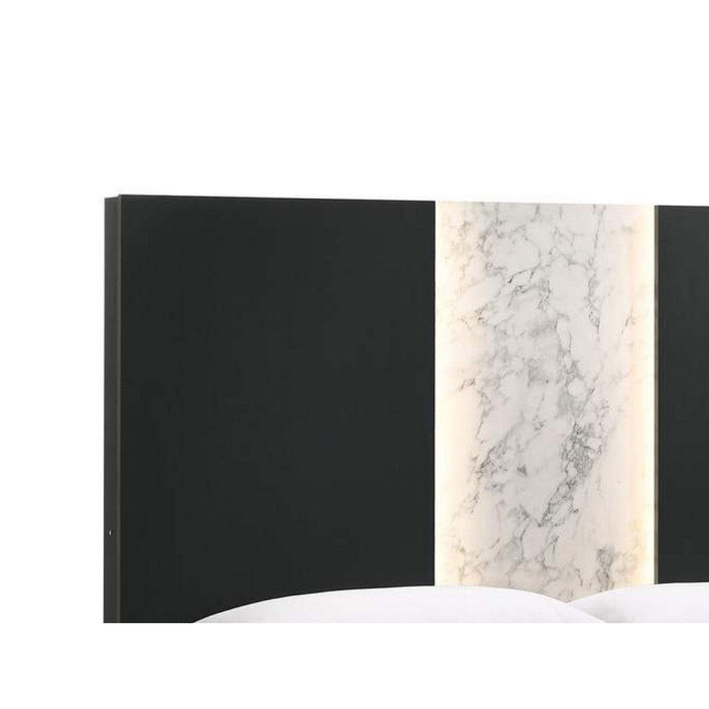 Amey King Panel Bed | Built In Light | White Marble Trim | Black Wood BM338385