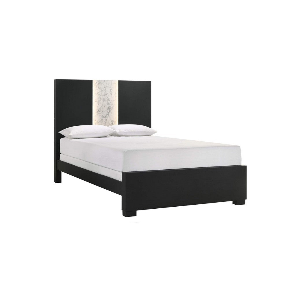 Amey King Panel Bed | Built In Light | White Marble Trim | Black Wood