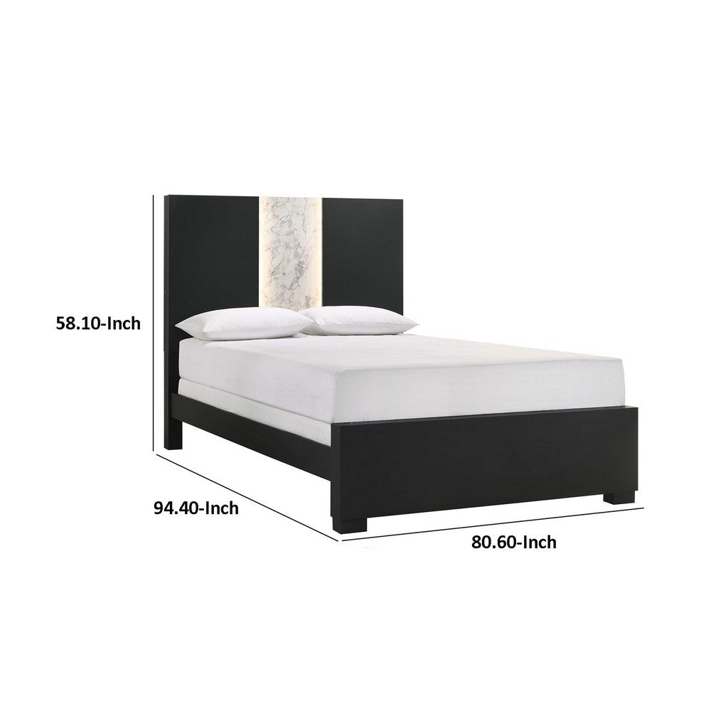 Amey Queen Panel Bed | Built In Light | White Marble Trim | Black Wood BM338386