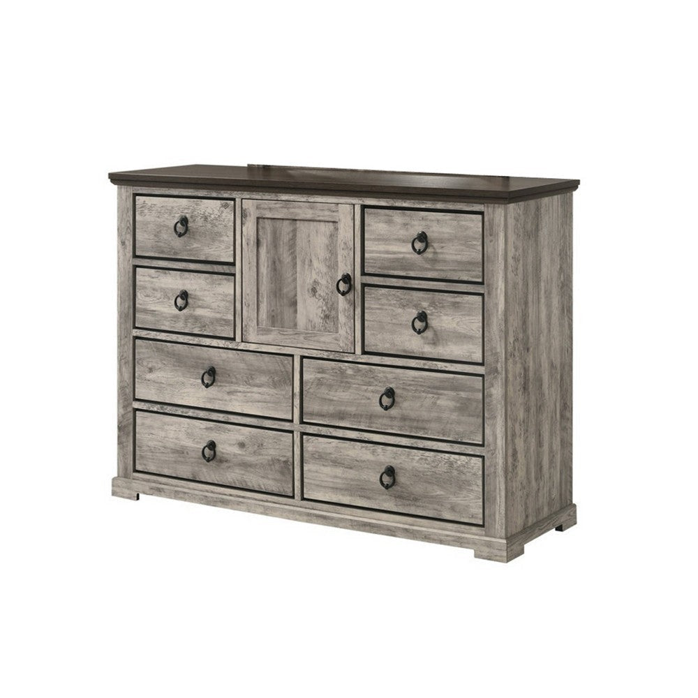 Elaya Wide Dresser | 8 Drawers | 1 Cabinet | Black Metal | Weathered Gray BM338387