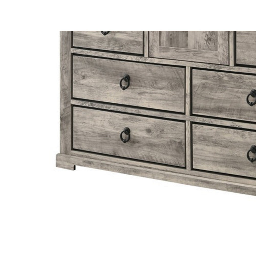 Elaya Wide Dresser | 8 Drawers | 1 Cabinet | Black Metal | Weathered Gray BM338387