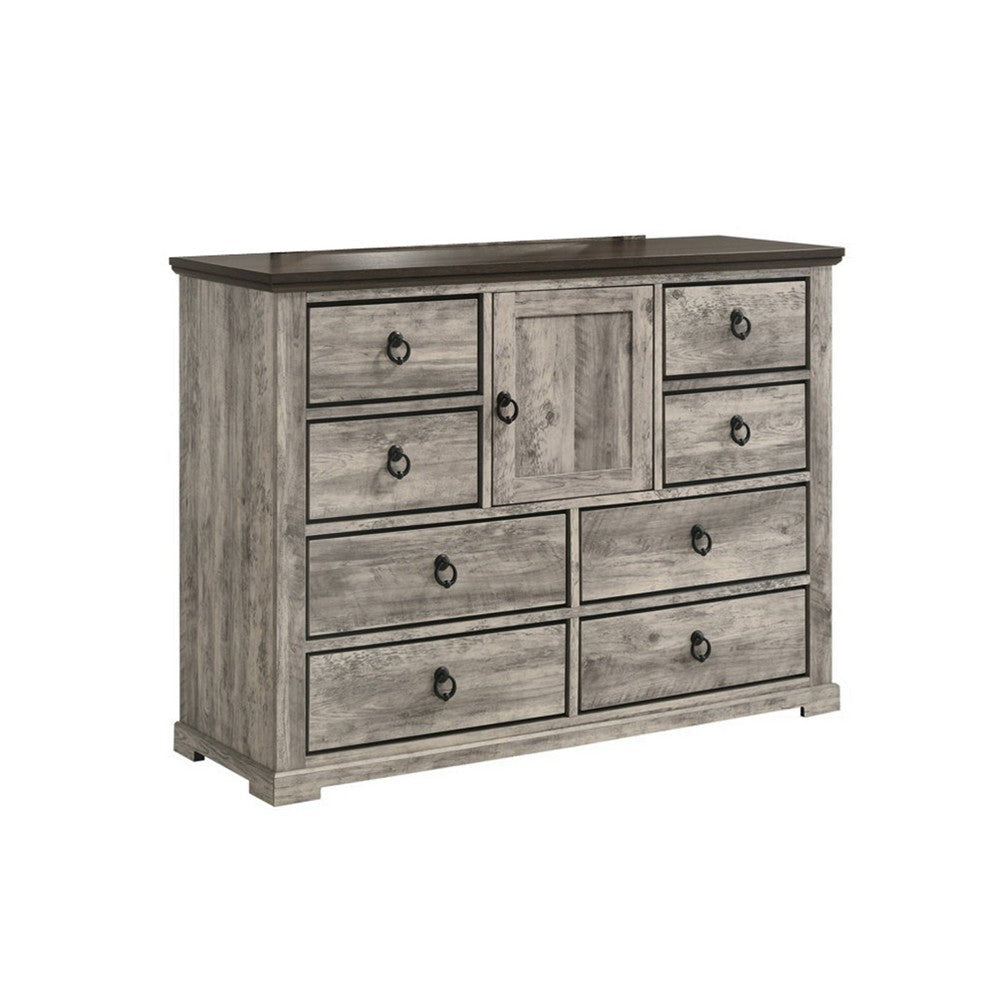Elaya Wide Dresser | 8 Drawers | 1 Cabinet | Black Metal | Weathered Gray BM338387