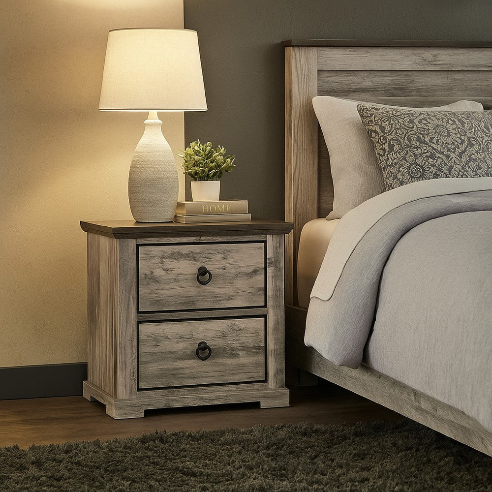 Elaya Nightstand w 2 Drawers | Black Metal | Weathered Gray Wood