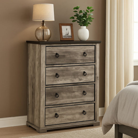 Elaya Tall Dresser Chest w 4 Drawers | Black Metal | Weathered Gray