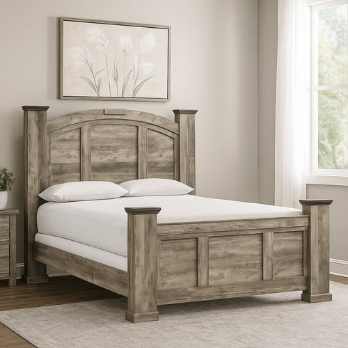 Elaya King Panel Bed | Arched Crown Headboard | Weathered Gray Wood