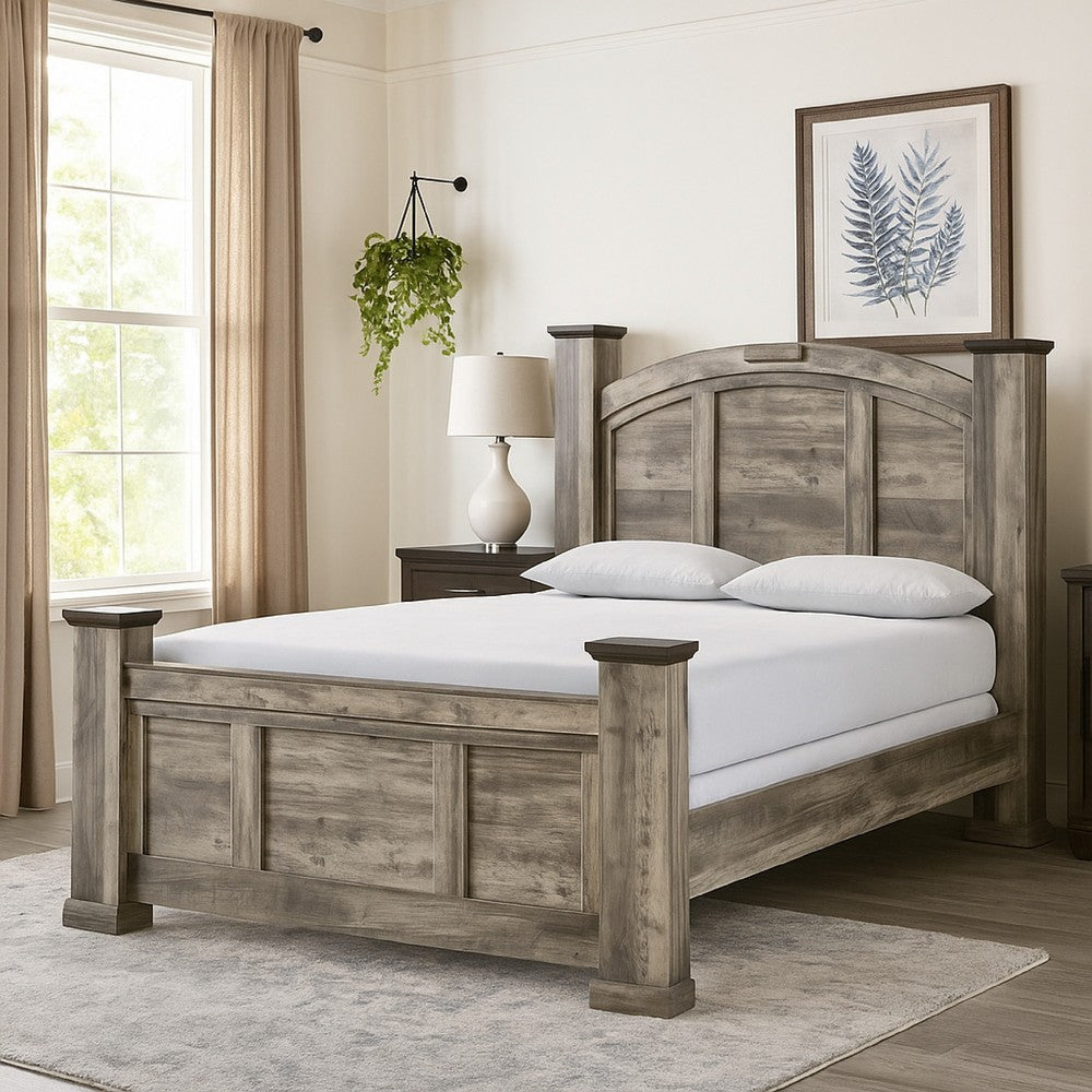 Elaya Queen Panel Bed | Arched Crown Headboard | Weathered Gray Wood