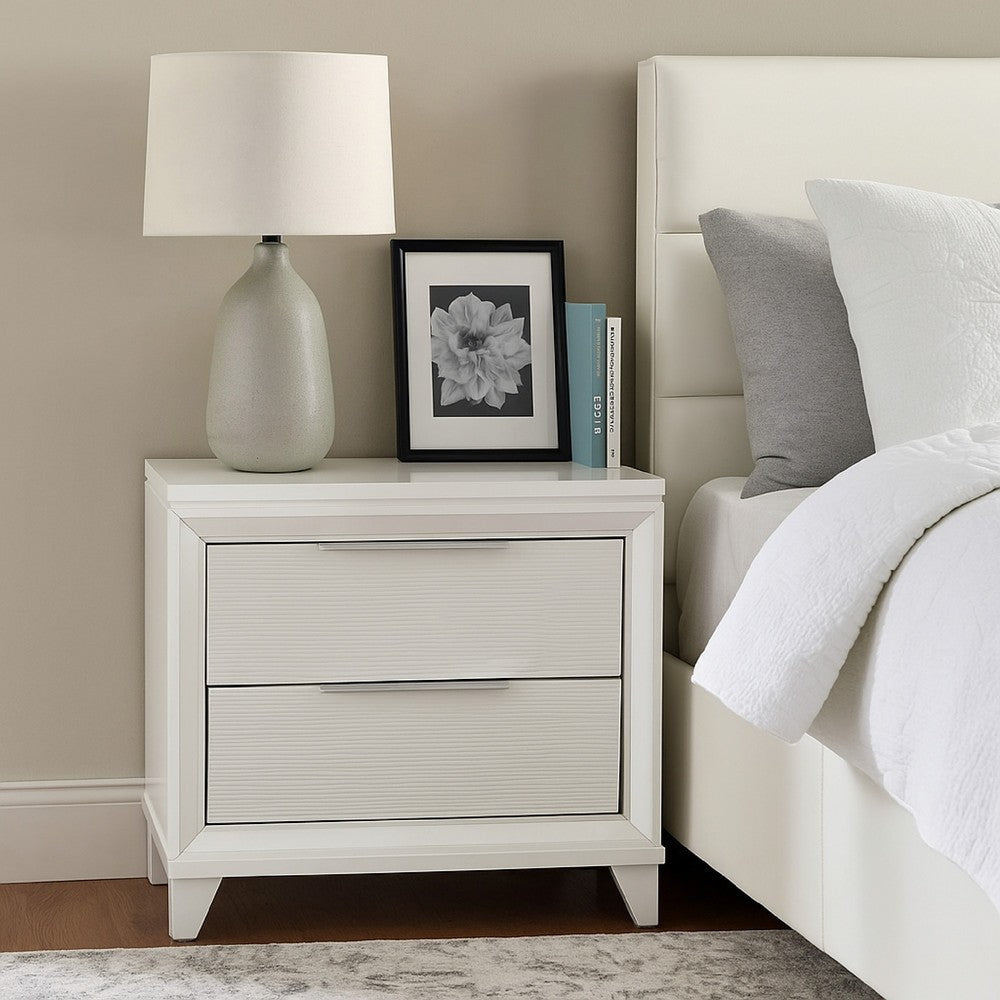 Ressy Nightstand w 2 Drawer | Silver Metal | Contemporary White Wood
