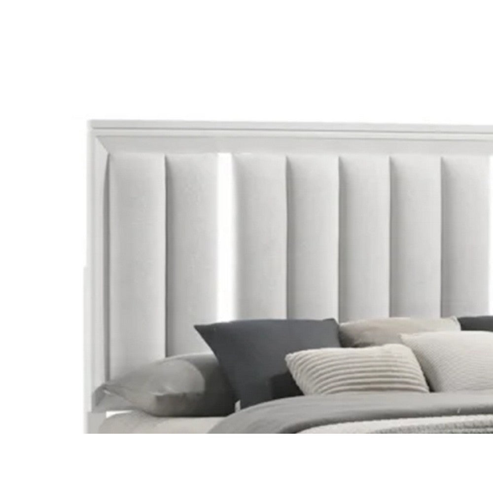 Ressy King Platform Bed w LED | Channel Tufted Upholstery | White Wood BM338402