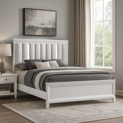Ressy King Platform Bed w LED | Channel Tufted Upholstery | White Wood