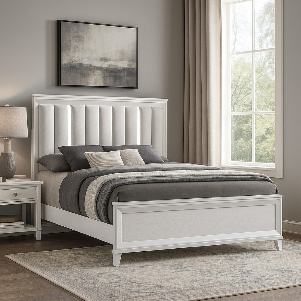 Ressy King Platform Bed w LED | Channel Tufted Upholstery | White Wood
