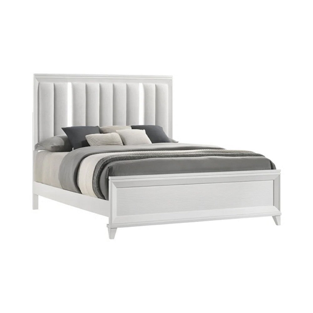 Ressy King Platform Bed w LED | Channel Tufted Upholstery | White Wood BM338402