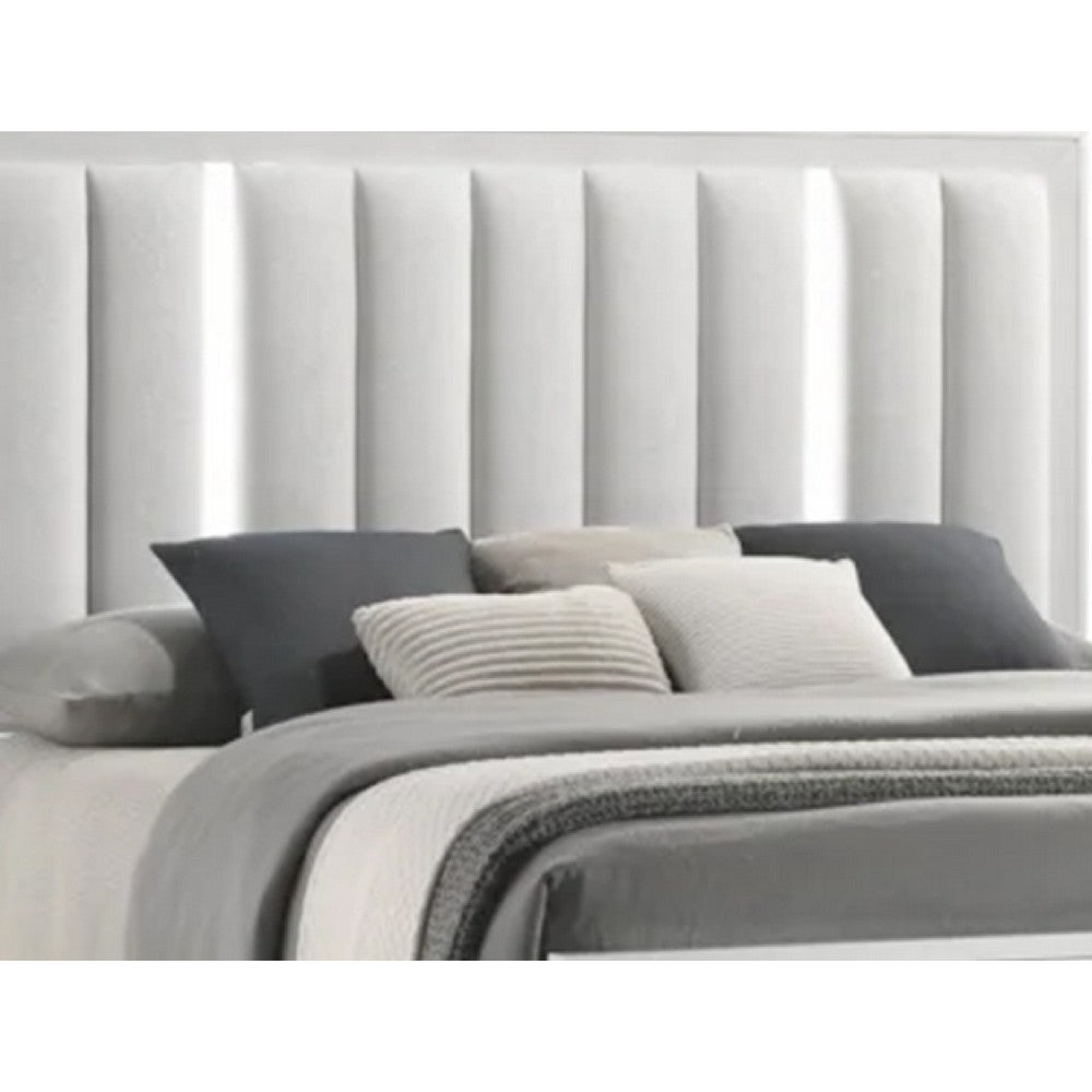 Ressy Queen Platform Bed w LED | Channel Tufted Upholstery | White Wood BM338403