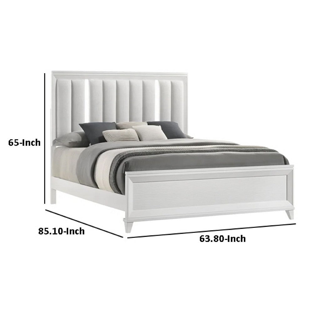 Ressy Queen Platform Bed w LED | Channel Tufted Upholstery | White Wood BM338403